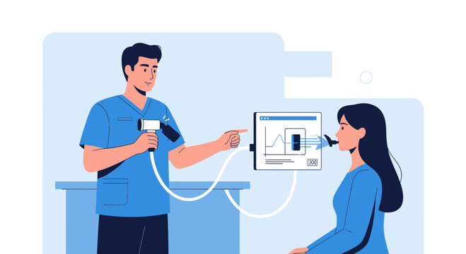Doctor performing lung function test on patient using spirometer, medical checkup illustration