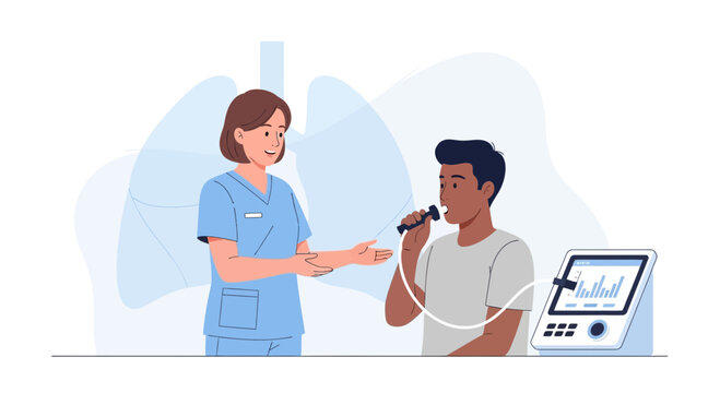Doctor performing lung function test on patient using spirometer, medical checkup