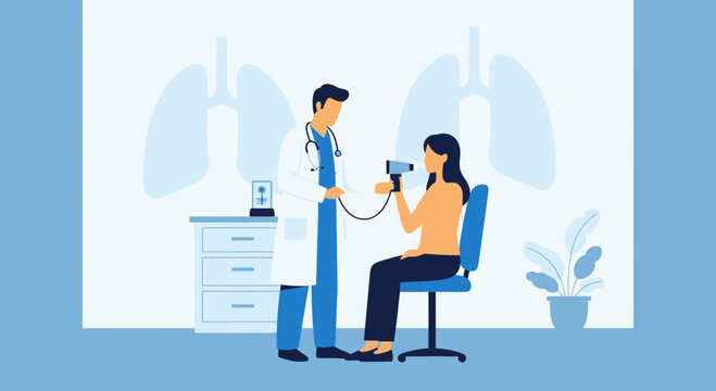 Doctor performing lung function test on patient with spirometer in clinic, respiratory health checkup