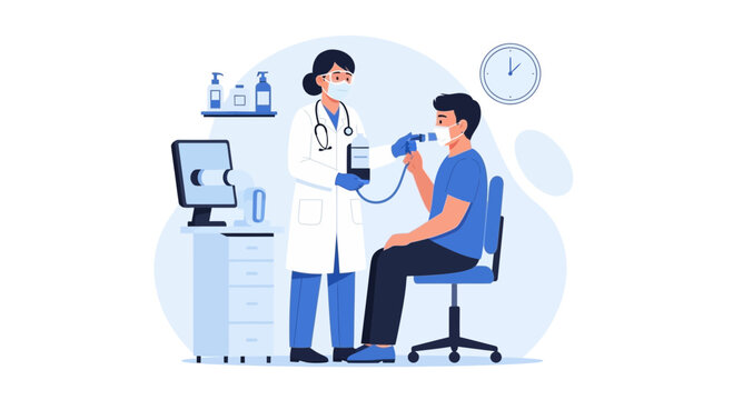 Doctor performing lung function test on patient with spirometer in clinic