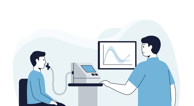 Doctor performing lung function test on patient with spirometer, medical checkup