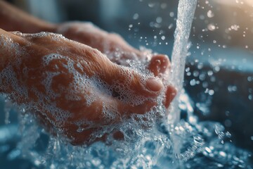 Fototapeta premium Hands are being washed thoroughly with soap and running water, emphasizing cleanliness and hygiene.