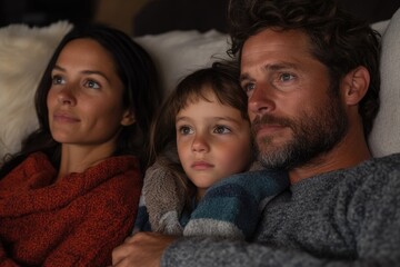 Fototapeta premium Portrait of a sick family lying on the sofa at night.