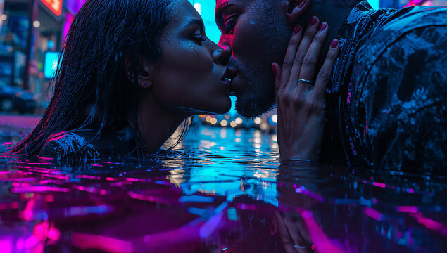 水たまりのネオンを背にキスを交わす中東系女性二十代とアフリカ系男性四十代