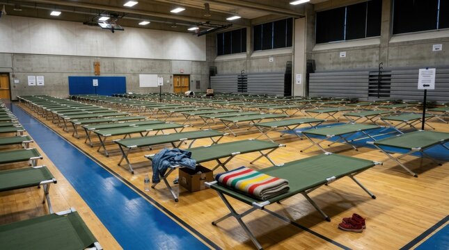 Emergency Shelter with Cots and Blankets Prepared for People.