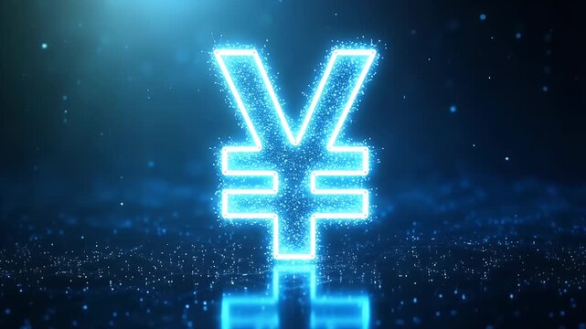 Glowing blue yen currency symbol constructed from sparkling digital particles floating above a dark reflective surface representing the concept of advanced financial technology and modern money