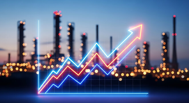 Glowing neon graph lines showing upward trend against a blurred industrial refinery at dusk, symbolizing growth and economic progress