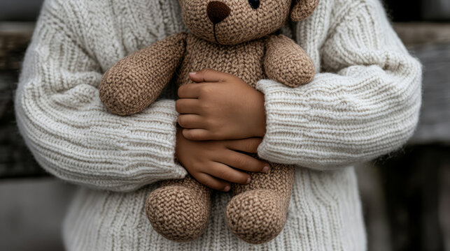 Child's hands holding a knitted teddy bear, wearing a cozy sweater