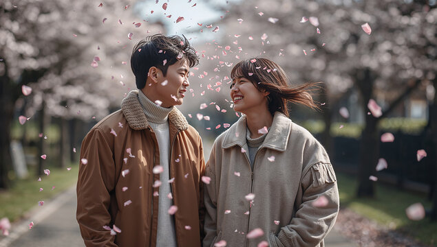 桜の花吹雪の中で喧嘩した恋人が笑い合い関係のやわらぎを取り戻す春