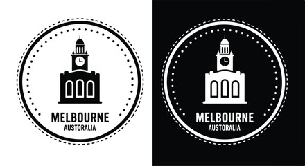 Fototapeta premium Minimalist black and white logo design of a historic lighthouse with the text Melbourne Australia for branding