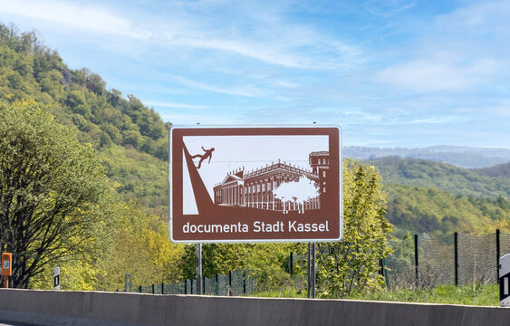 sign documenta at the highway to symbolize to tourists the exit to the documenta in Kassel from the highway