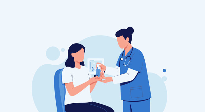 Nurse giving inhaler to patient, respiratory disease treatment, medical consultation