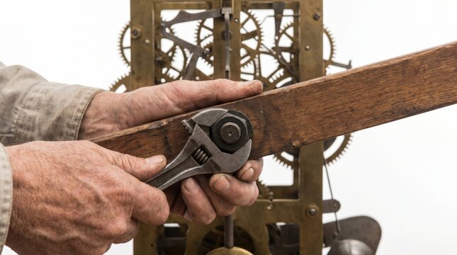 Clockmaker using an adjustable wrench to tighten a bolt on a wooden arm of an antique clock