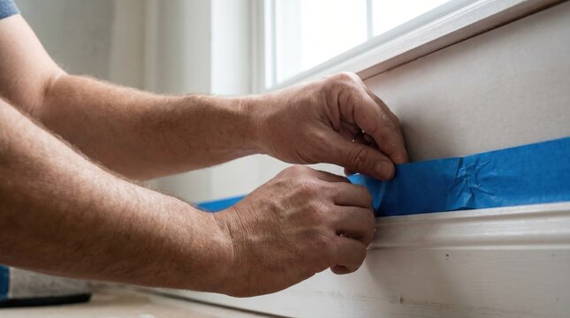 Person carefully applying blue painter tape to a white wooden baseboard near a window