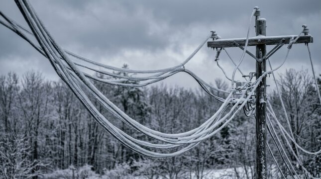 Icy Power Lines and Utility Pole in Winter Landscape.