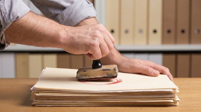 Business professional pressing a rubber ink stamp onto a stack of manila file folders