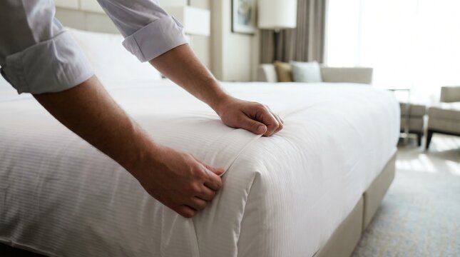 Housekeeper making a hotel bed by neatly tucking the clean white sheets under the mattress