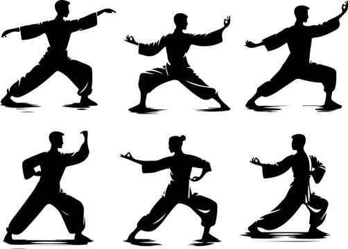 Vector sketch illustration of silhouette design of martial arts movements of wushu and silat