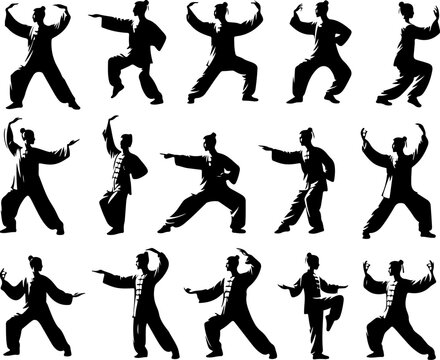 Vector sketch illustration silhouette design of martial arts movements of wushu, taichi, silat