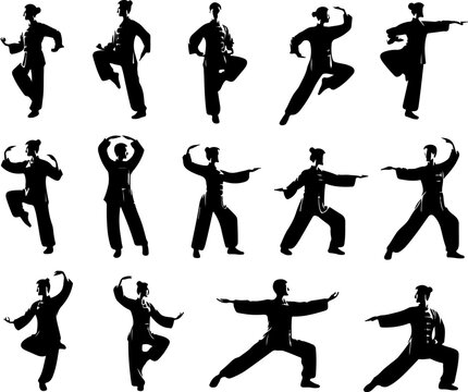 Vector sketch illustration silhouette design of martial arts movements of wushu, taichi, silat