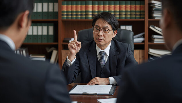 法律相談で重要な点を示す日本人男性弁護士の仕事風景