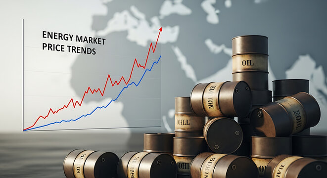 Oil barrel stack and price trend chart showing energy market fluctuations, economic volatility and global commodity trading