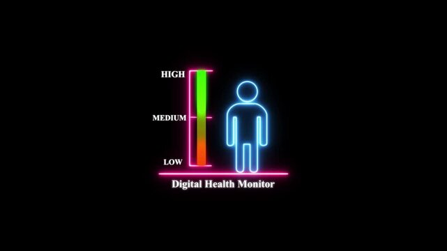 Digital health monitor neon infographic: human body vital signs and wellness tracking interface animation
