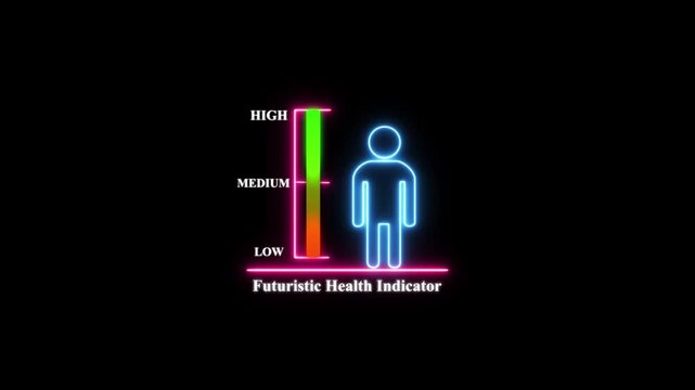 Futuristic health indicator neon human body vitality status monitor with medium, and low level gauge