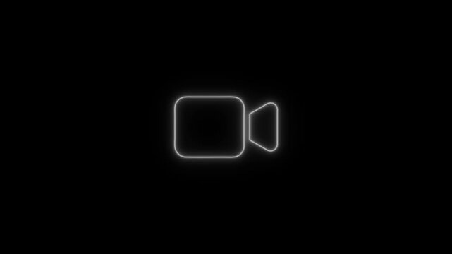 Minimalist neon camera animation, glowing white outline symbol on black background, for digital media ui