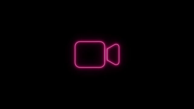 Neon pink camera glowing on black background, minimalist digital symbol for media and creation
