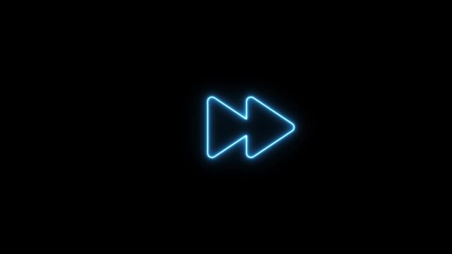 Neon blue fast forward glowing on black background, minimalist digital media player interface symbol