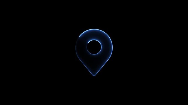 Glowing blue map pin location marker animation on black background, for navigation and, digital interface