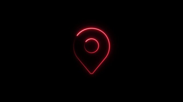 Glowing red neon map pin animation, digital location marker symbol for navigation and travel ui