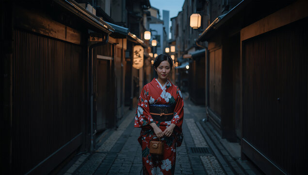 灯りの路地を歩く浴衣姿の日本人女性の京都夜景イメージ