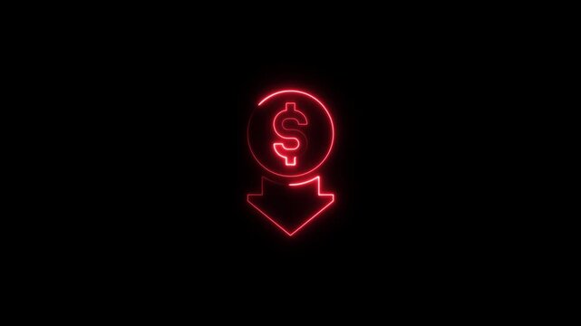 Red neon dollar coin with downward arrow symbolizing financial loss, market decline, or budget reduction concept