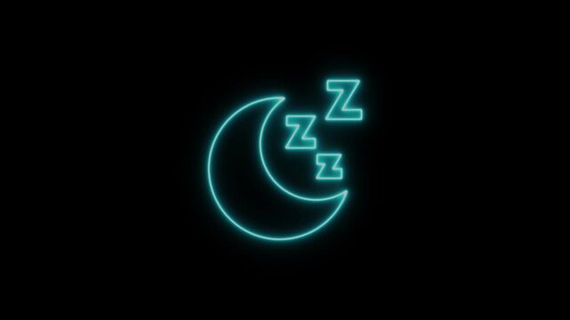 Neon glowing moon and zzz sleep symbols animation for nighttime, bedtime, and rest concepts on black background