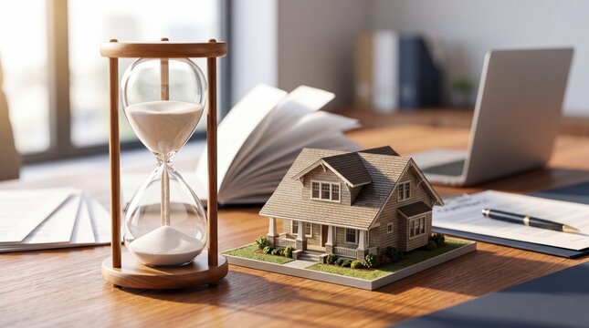 Miniature house model on wooden desk with hourglass and open book in modern office setting, symbolizing real estate investment, time management, and financial planning concepts
