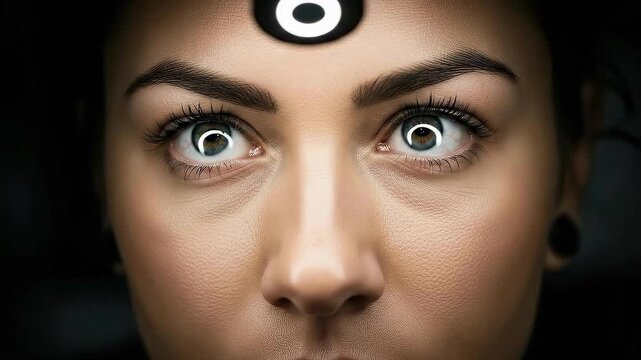 Ring light reflects in eyes as subject focuses and shifts position in close-up shot during indoor activity