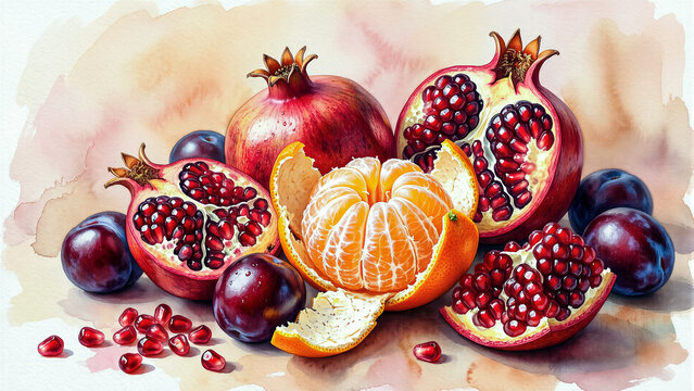 fresh fruits including pomegranate, plum and mandarin orange on watercolor background