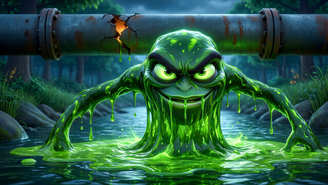 Angry green slime monster emerging from broken industrial pipe in dark forest river