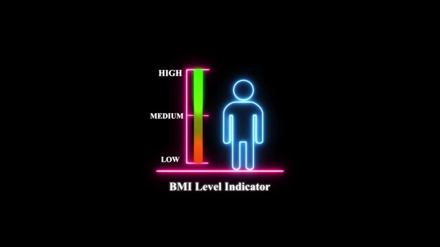 Neon bmi level indicator infographic with human silhouette for health, fitness, and wellness data visualization