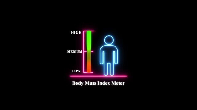 Neon body mass index meter infographic: digital health tracking and bmi measurement visualization on black background