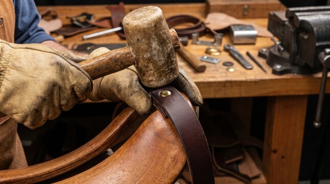 Leather artisan using wooden mallet to fix brass rivet on brown leather strap
