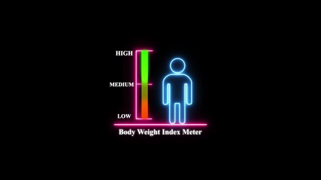Neon body weight index meter infographic: health and fitness bmi tracking animation for wellness and medical projects