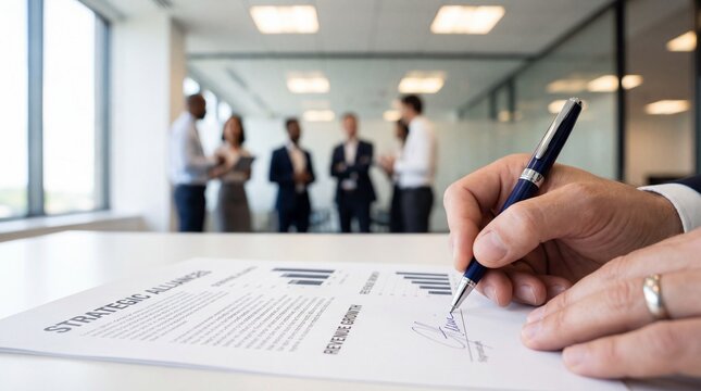Business professional signing a strategic alliance document with a pen in a modern office environment while colleagues discuss in the background, emphasizing teamwork and collaboration