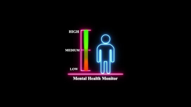 Neon mental health monitor infographic: psychological well-being and emotional state assessment dashboard animation