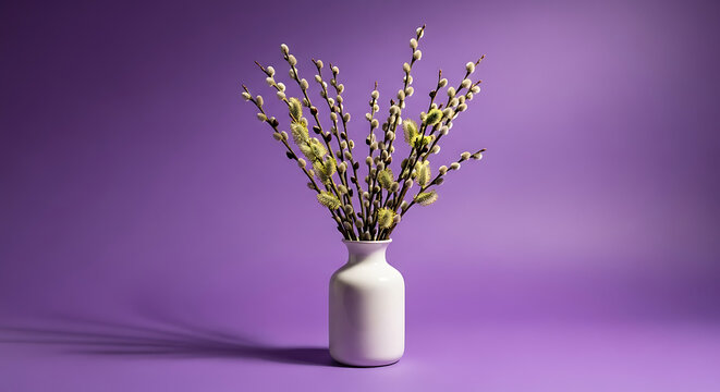 A white vase filled with blooming pussy willow branches, casting a soft shadow on a vibrant purple background, symbolizing spring and new beginnings
