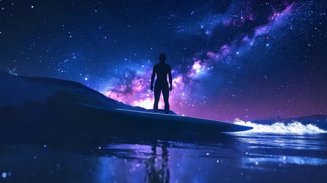 A person on a surfboard observes the night sky's celestial display