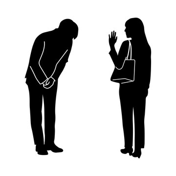 去る女性に深々と頭を下げて感謝する男性のシルエット