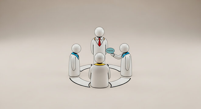 Teamwork and collaboration concept with stylized figures in a circle discussing ideas, symbolizing meeting and communication